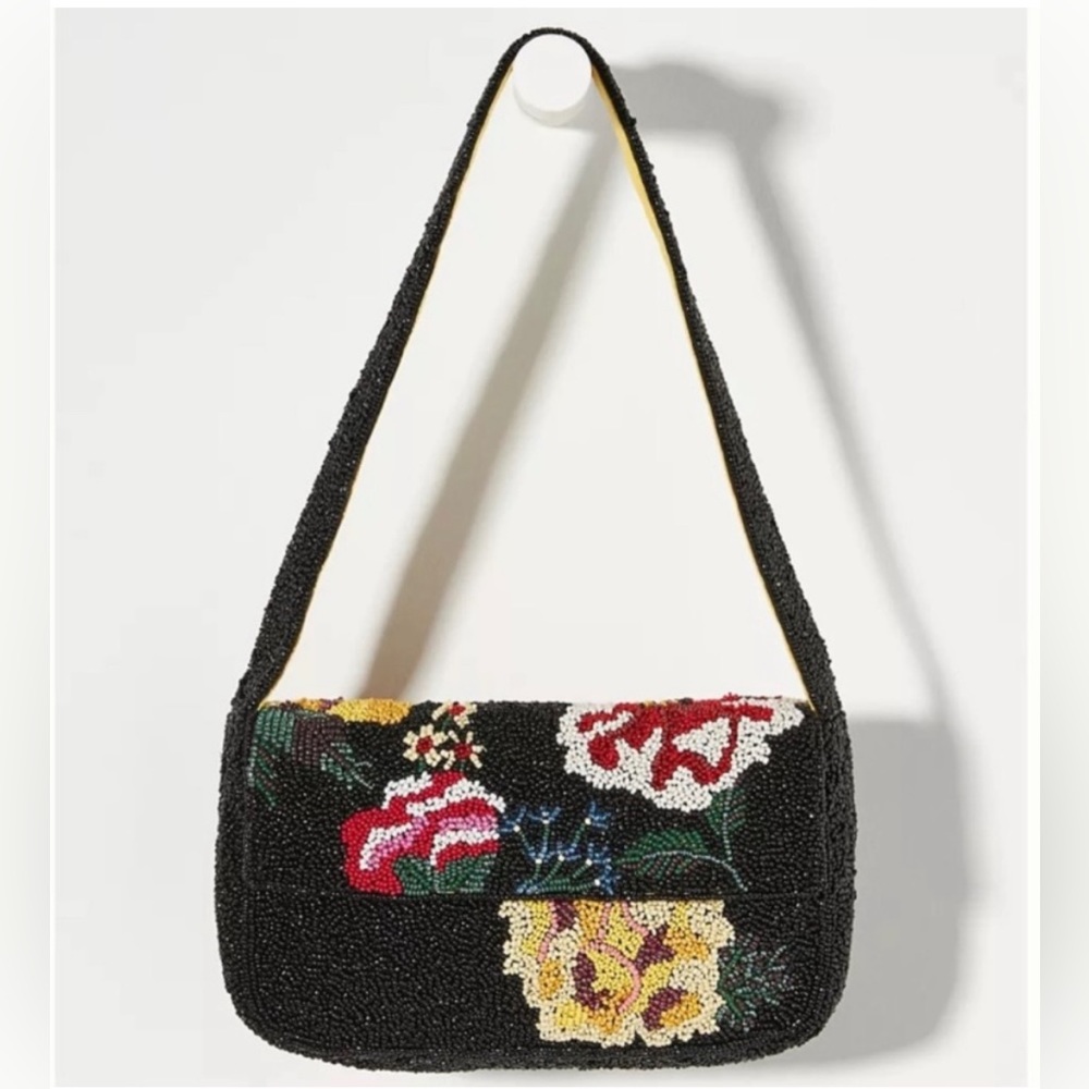 Anthropologie Black Floral Beaded Shoulder Bag